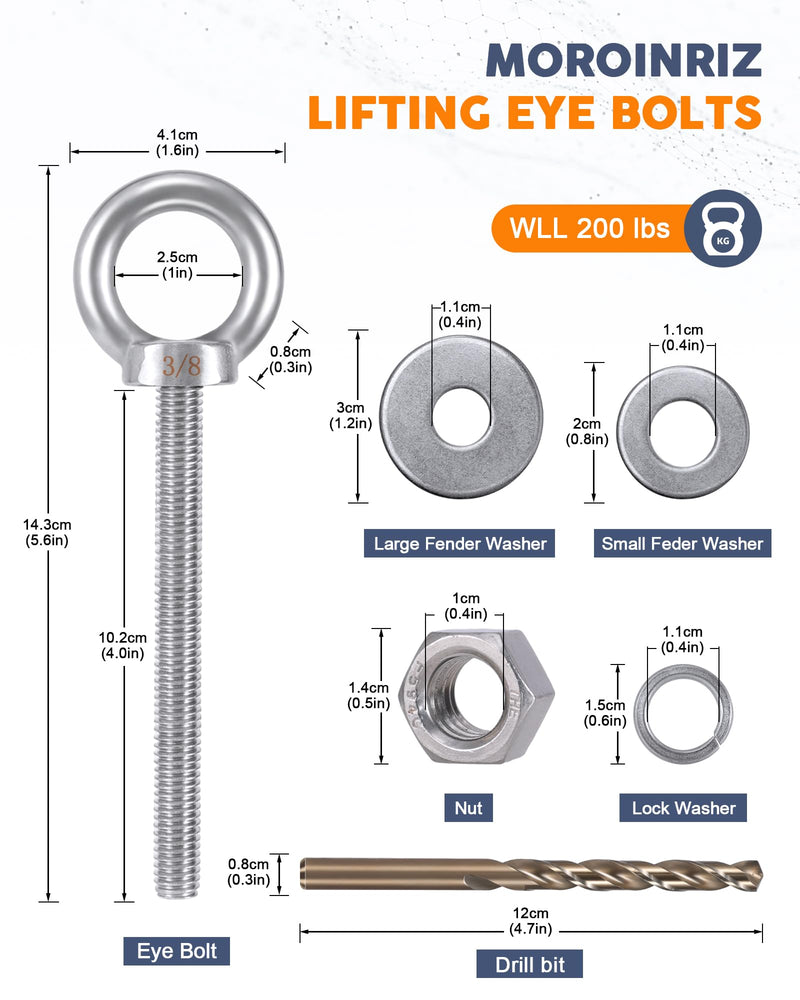 [Australia - AusPower] - Eye Bolt with Nuts 3/8'' x 4'' (4 Pack), Imperial, Heavy Duty Stainless Steel 3/8-16 Long Eye Bolts, Bonus Drill Bit Included 