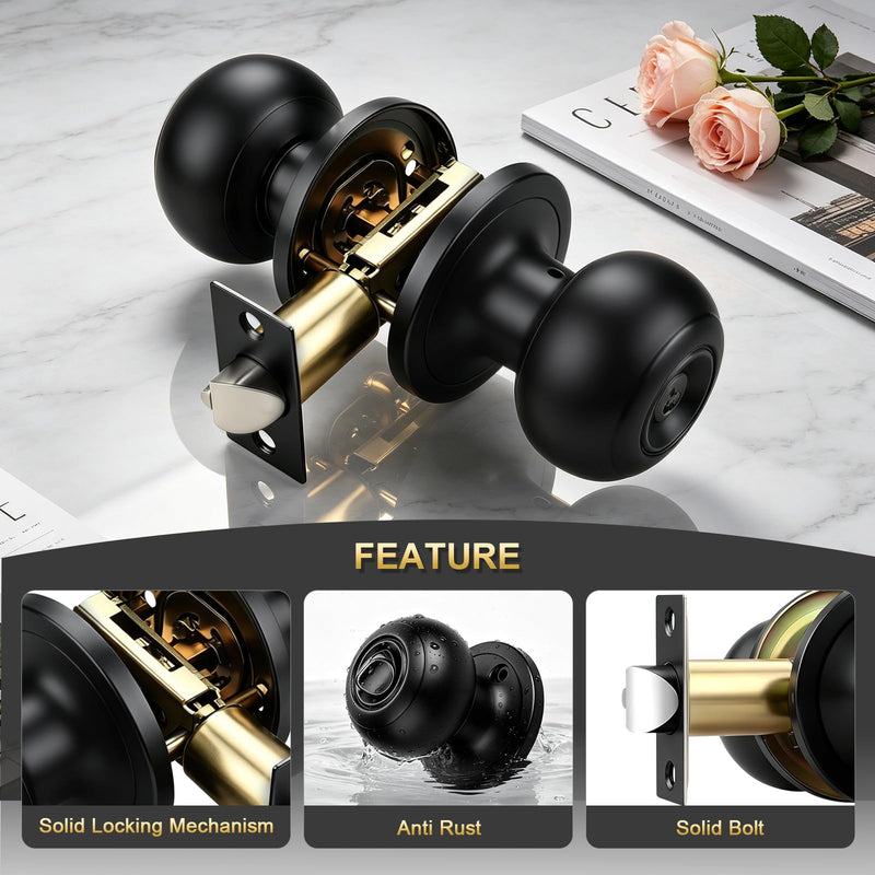2 Pack Keyed Entry Door Knob, Entrance Door Lock, Keyed Different, Flat Ball, Matte Black Interior and Exterior Entry Door Knobs 2