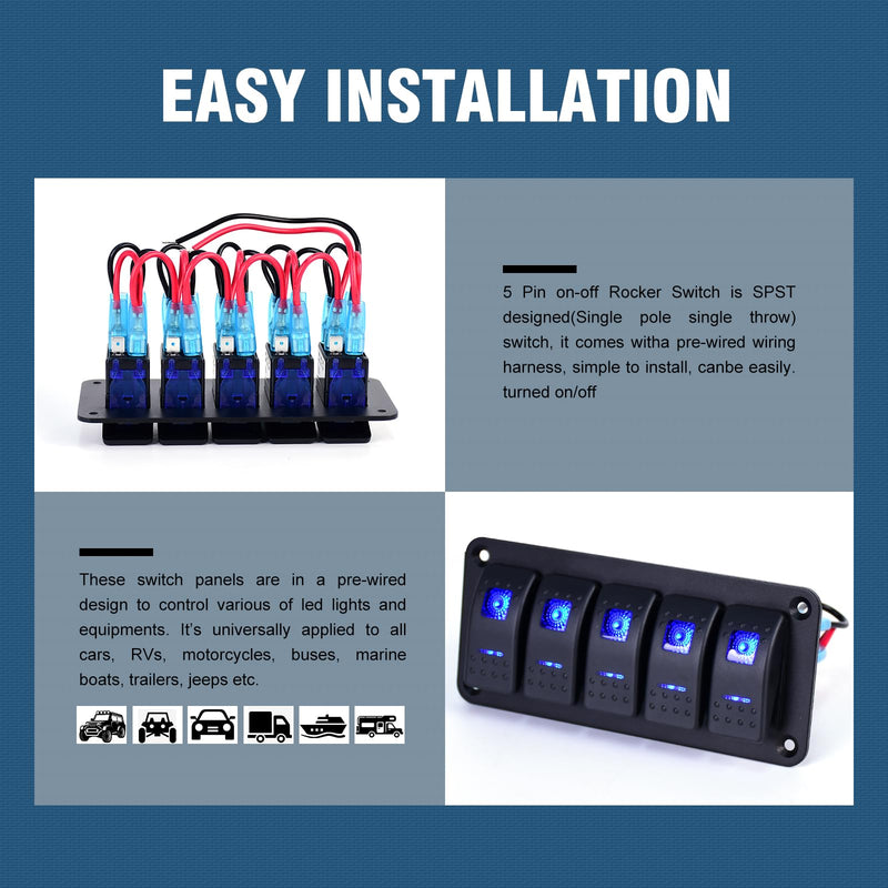 5 Gang Rocker Switch Panel Waterproof Pre-Wired Blue Backlit Toggle ON/Off Switch for Boat Marine Automotive RV Truck Trailer 12-24V Black-F 5 Gang