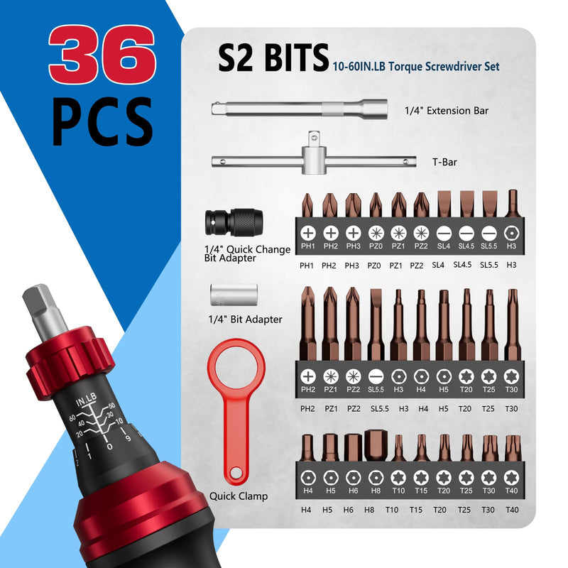 SUERCUP 1/4" Torque Screwdriver (10-60 in-lb), 36 PCS Set for Gunsmithing | Torque Wrench Screwdriver with T-bar, Hex, Torx, and Phillips S2 Bits, for Scope and Bike Mounting, precision instruments