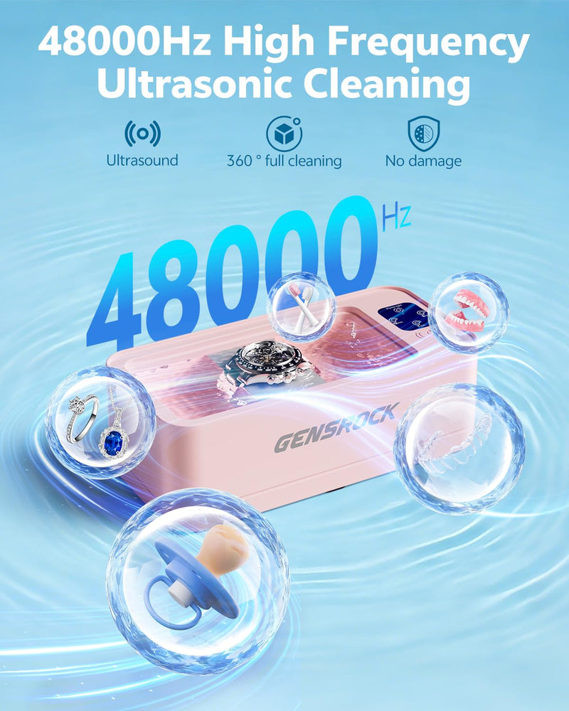 GENSROCK Ultrasonic Jewelry Cleaner, 48kHz Professional Silver Jewelry Cleaner & Diamond Ring Cleaner, 3 Modes, Scratch-Free 360ML Tank, Quiet Sonic Cleaner for Gold, Earrings, Glasses(Pink) Pink