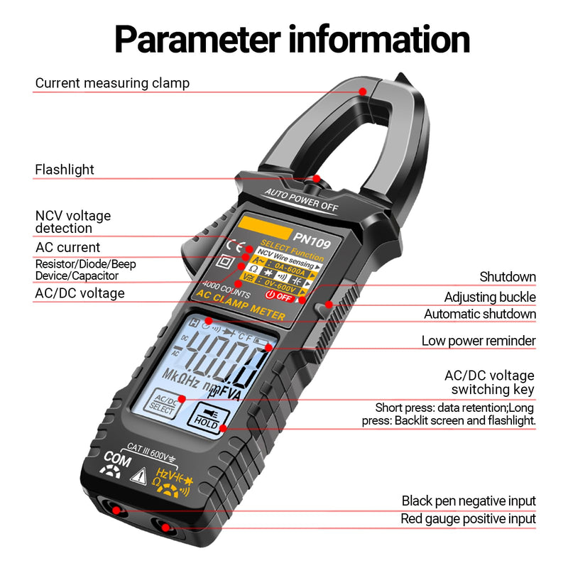 [Australia - AusPower] - PN109 Clamp Meter Current Tester 4000 Counts Backlit Multimeter For Resistance Diode Testing Red 