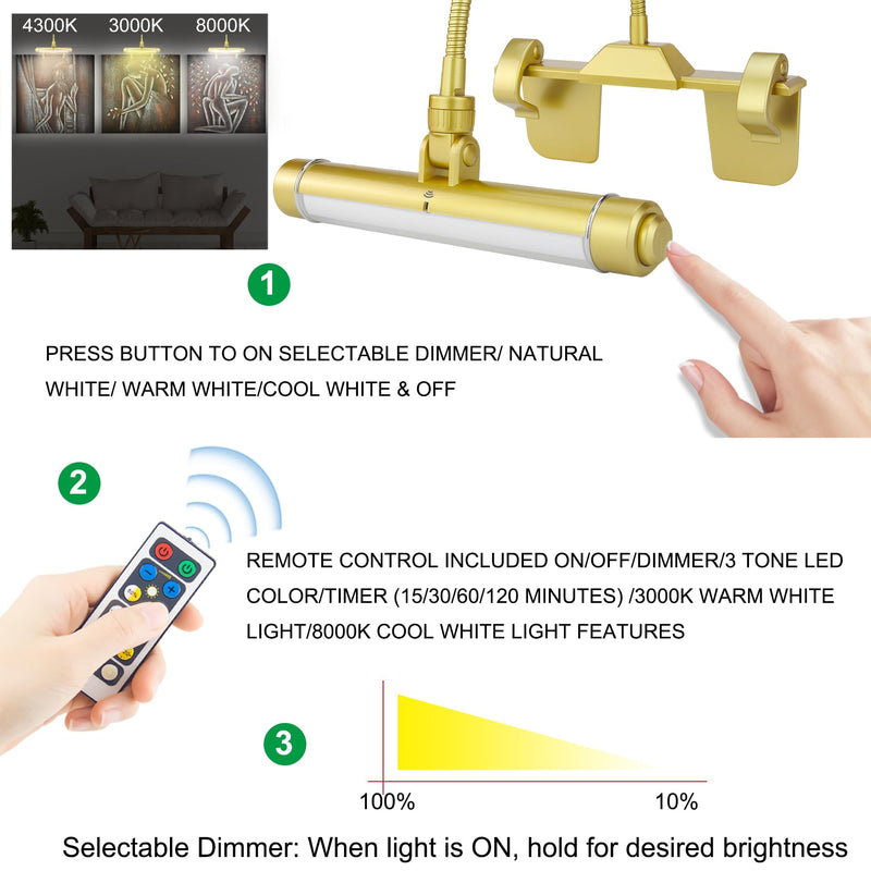 LUXSWAY Wireless Picture Frame Led Lighting,Rechargeable Art Display Lighting Clip on Pictures,Over Painting Lights with Remote,Artwork Lamp with Flexible Neck,28 LEDs 3 Lighting Modes 200LM-Gold G Gold Rechargeable-3 Mode-Flexible Neck