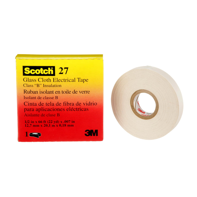 3M Glass Cloth Electrical Tape 27, ½ in x 66 ft, 1 Roll, Non-Corrosive Adhesive, Pressure Sensitive, High Temperature, Corrosion Protection, 7-mil Woven 1/2 in x 66 ft