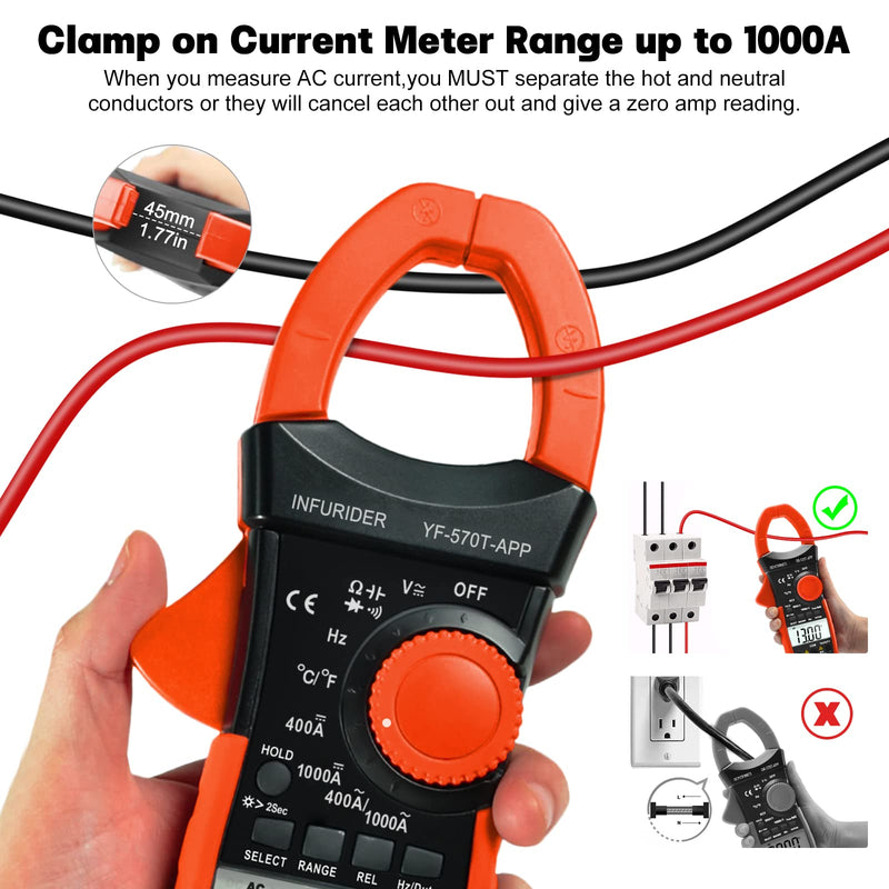 [Australia - AusPower] - Wireless Clamp Meter, 1000A AC/DC Current Amp Clamp, TRMS 4000 Counts Auto Range Clamp on Ammeter, Bluetooth Clamp Multimeter Measures Voltage, Capacitance, Ohm, Hz and Temperature 