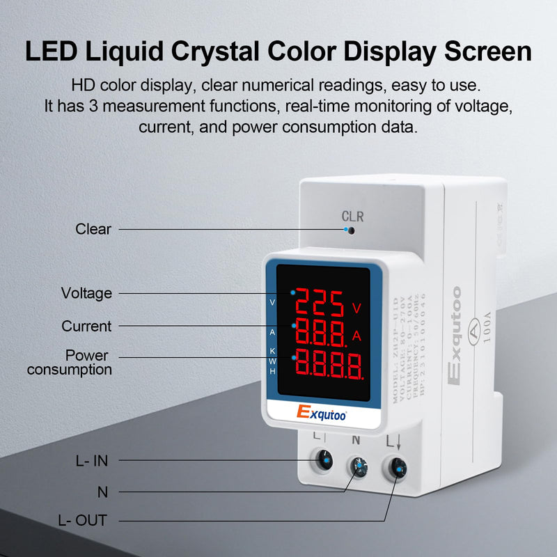 [Australia - AusPower] - Exqutoo Digital Display Energy Meter - AC Rail-Mounted Meter Electricity Usage Monitor for Voltage, Current, and Energy Consumption Measurement - GT2P-UID, AC 80~270V, 0~100A, 50/60Hz 3 Functions Digital Display 