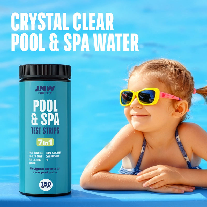 JNW 7-in-1 Pool Test Strips, 150 Quick & Accurate Test Strips for Pool Water, Spa Test Strips for Hot Tub, Chlorine Test Strips, Bromine, pH, Alkalinity, Hardness & More - Swimming Pool Test Kit 150 STRIPS - 7 IN 1 POOL TEST STRIPS