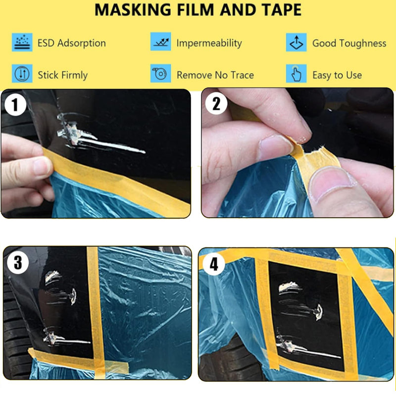 Painters Plastic With Tape,Tape and Drape, Automotive Pre-Taped Masking Film | 3 Rolls | Self-Adhesive Painting Drop Film | Plastic Dust Sheets for Decorating, Cars Painting| 60 in x 65 feet
