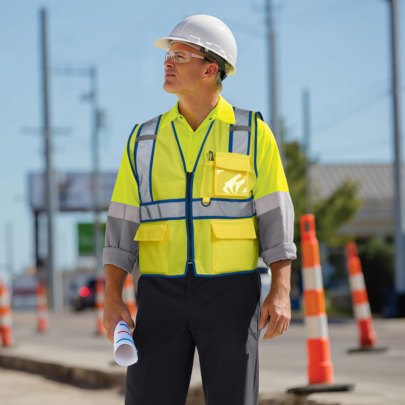 AYKRM High Visibility Safety Vest - Reflective Work Vest with 5 Reinforced Pockets Small Blue