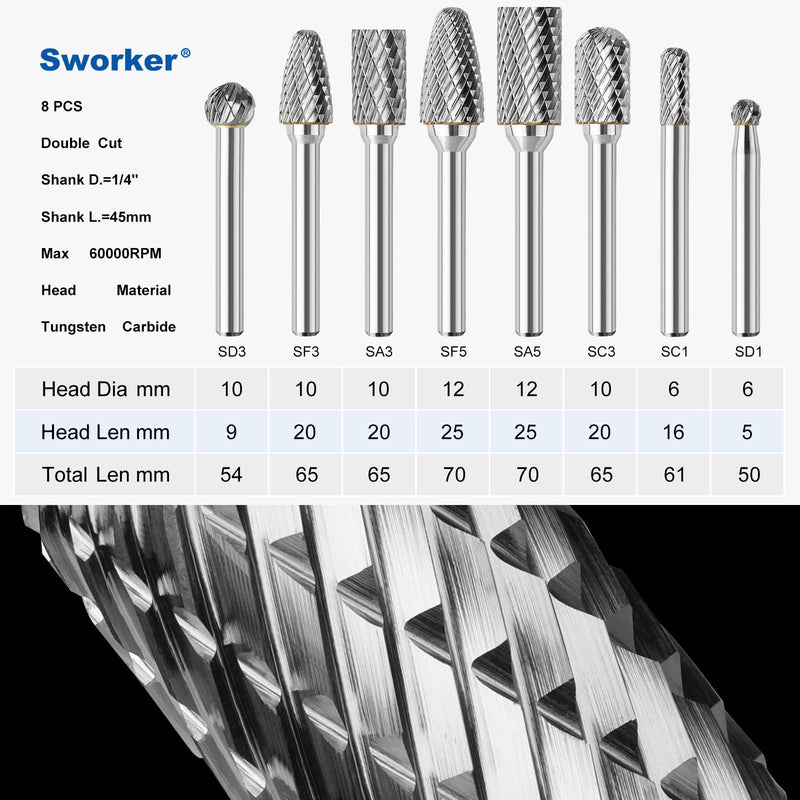 [Australia - AusPower] - Sworker 8Pcs Carbide Burr Set 1/4 Shank w/Grey Box Max Head Dia 12mm Die Grinder Bits Rotary Tools Attachment Kit Rasp Accessories Metal Wood Stone Steel Grinding Deburring Cutting Porting Carving 