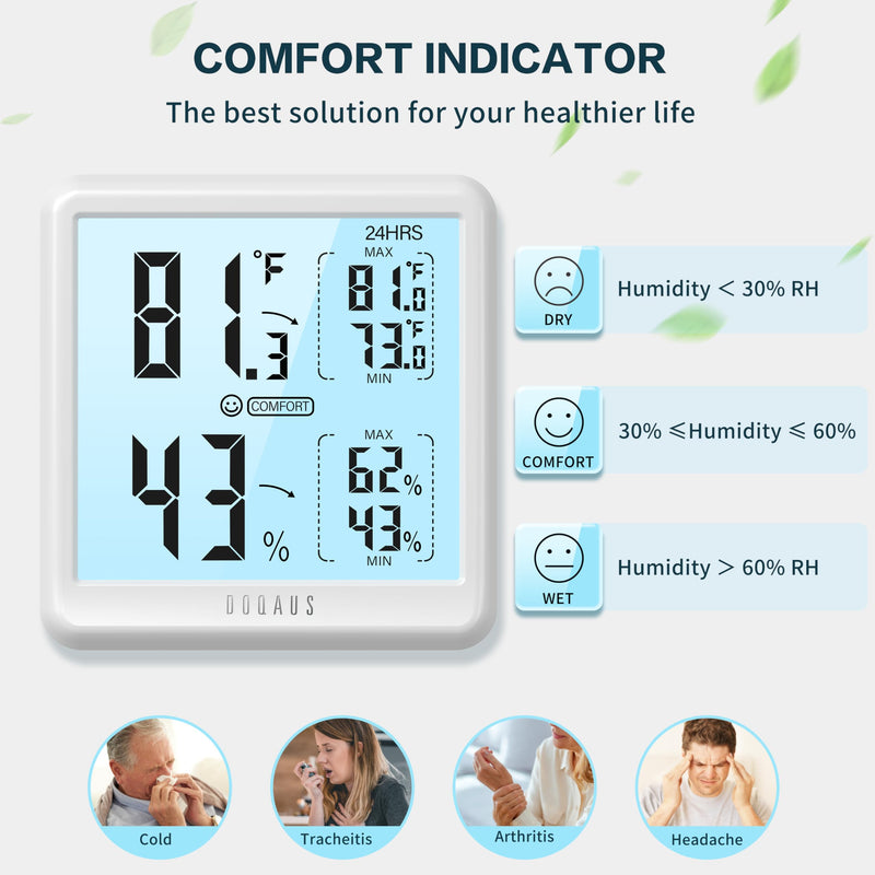 [Australia - AusPower] - DOQAUS Digital Hygrometer Indoor Thermometer for House, Room Thermometer with 3s Fast Refresh & Max Min Records, Temperature Monitor Humidity Meter with Backlight, White 