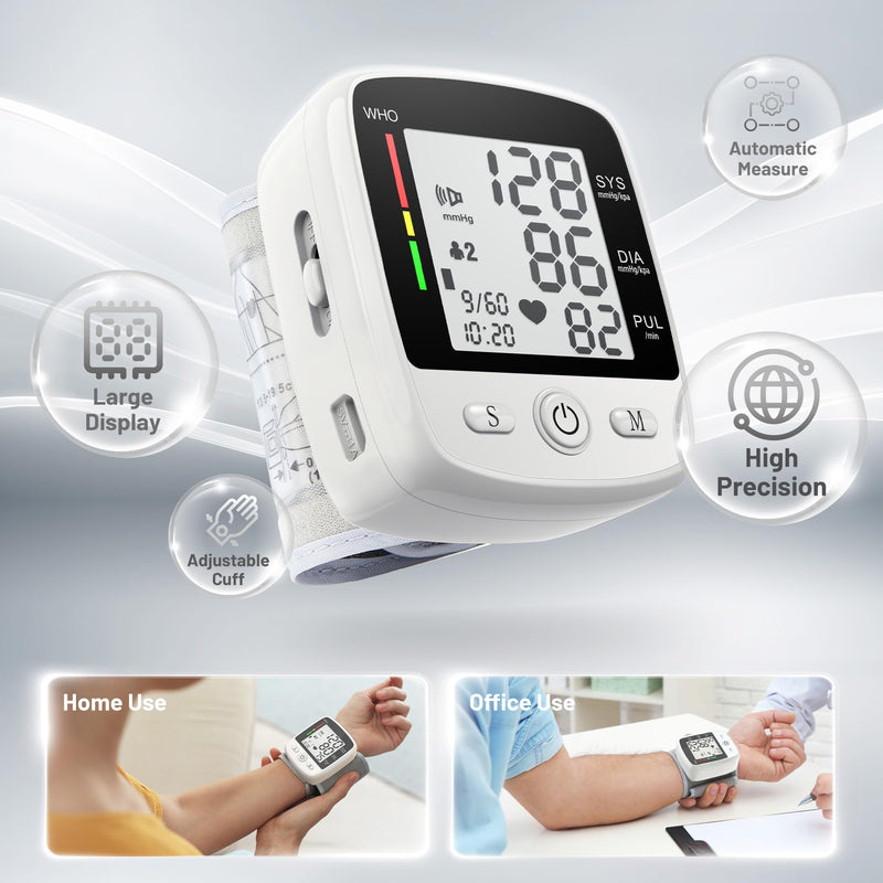 [Australia - AusPower] - Blood Pressure Monitor Digital Wrist BP Machine Automatic BP Cuff with 2 Users 180 Memory Voice Large LCD Display Adjustable Cuff USB Charging Carrying Case Black+white 
