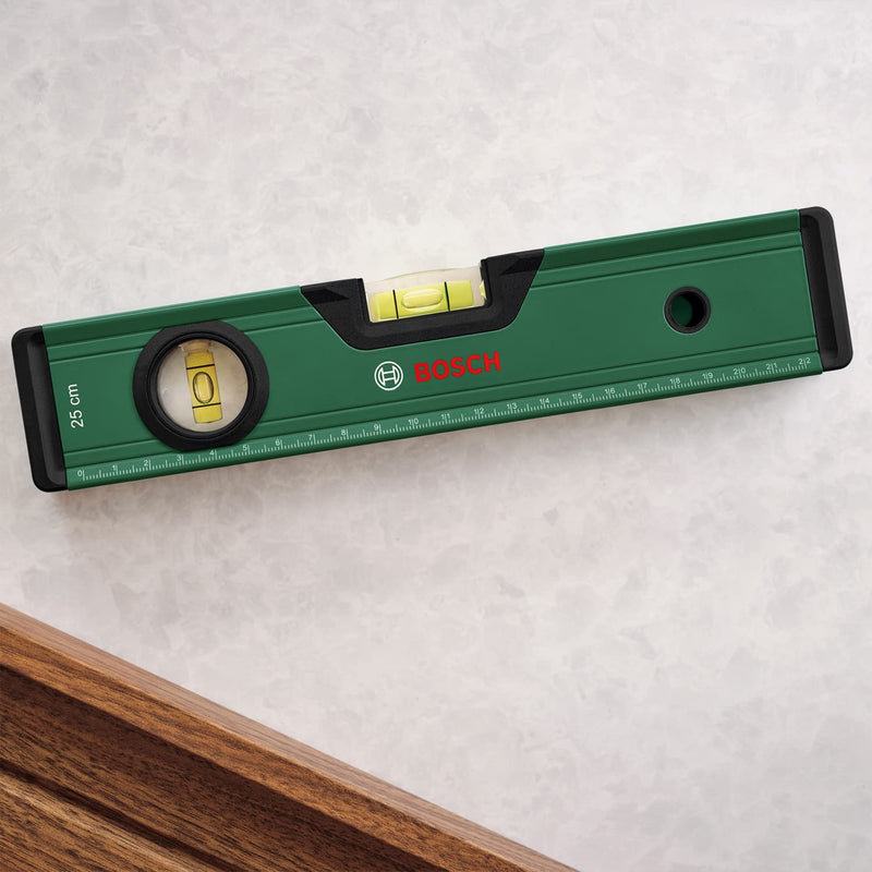 [Australia - AusPower] - Bosch Wasserwaage 25cm (präzise Ausrichtung mit 2 fluoreszierenden Libellen für horizontales und vertikales Ablesen; metrische Skala; Aluminiumgehäuse; Softgrip-Stoßfänger; V-Nut) 25 cm 