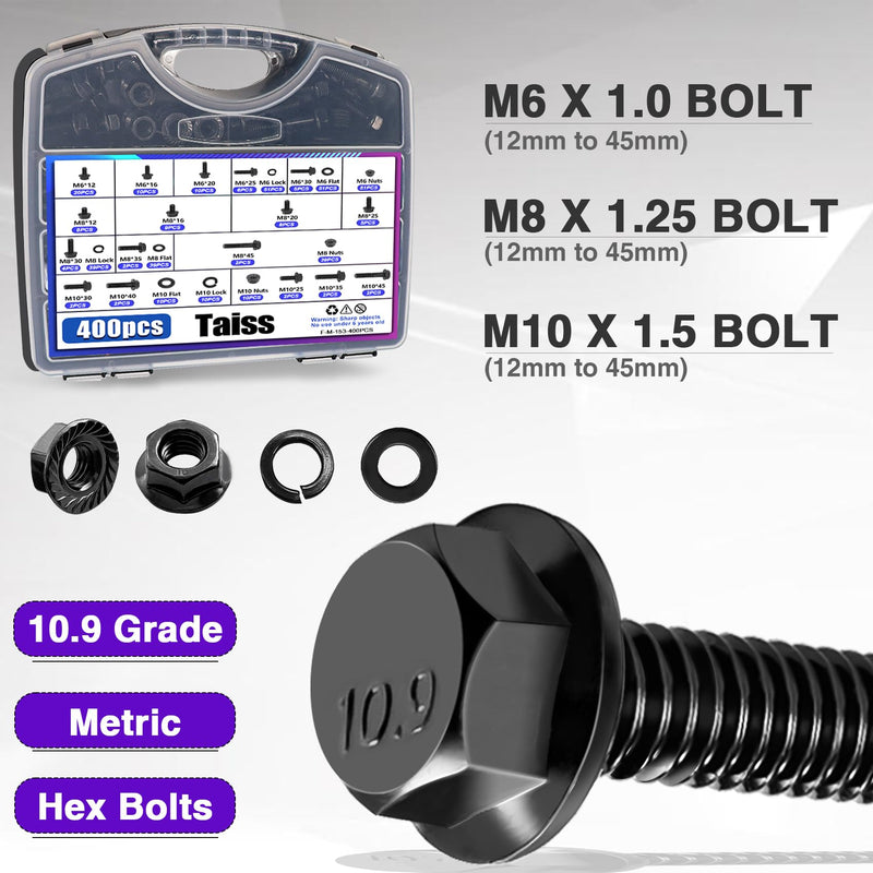 [Australia - AusPower] - Taiss 400PCS Metric Flange Bolt Assortment kit,M6x1.0 Bolt, M8x1.25 Bolt, M10x1.5 Bolt (12mm to 45mm) 10.9 Black zinc Plating Hex Bolts+30 Sets 1/4-20 x 3/4" Furniture Screw Nut Threaded Inserts 