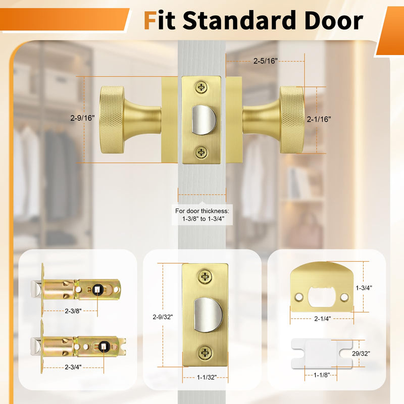 Probrico Gold Door Knobs Interior, Brushed Brass Passage Door Knob for Hallway Closet, Square Closet Door Knob with Round Knob, 1 Pack Brushed Gold