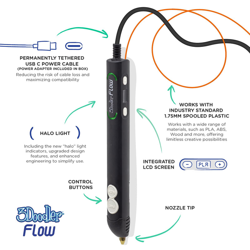 [Australia - AusPower] - 3Doodler Flow 3D Printing Pen for Teens, Adults & Creators! - Black - with Free Refill Filaments + Stencil Book + Getting Started Guide 