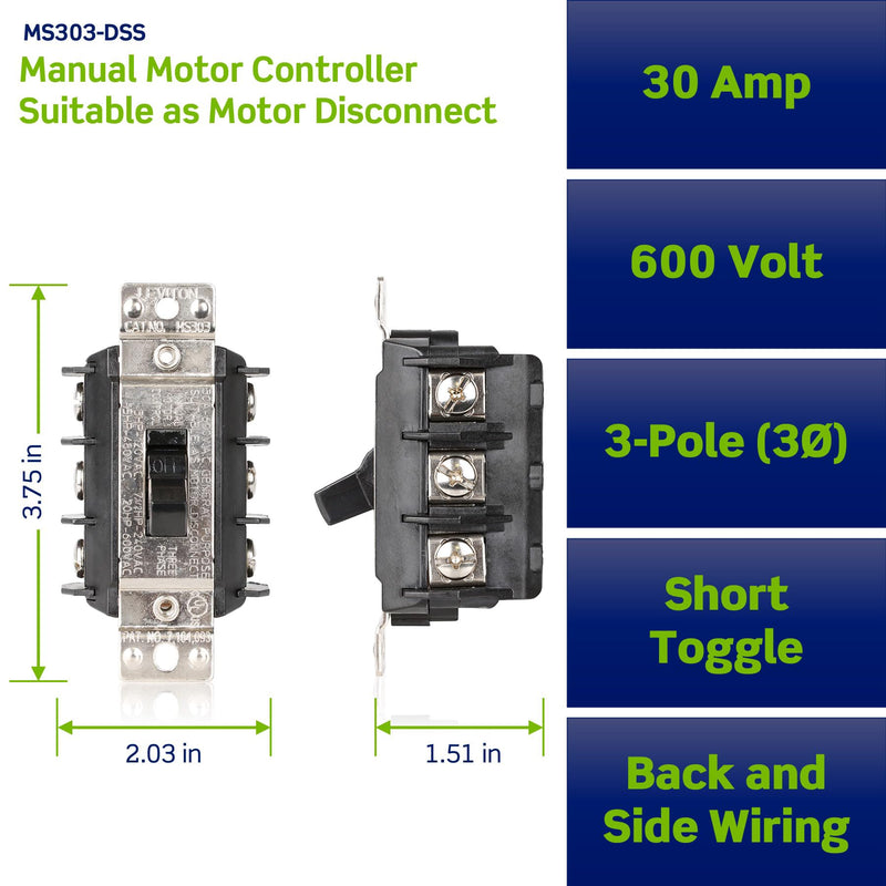 Leviton 30 Amp, 600 Volt, Three-Pole, 3 Phase AC Motor Starter, Suitable as Motor Disconnect, Short Toggle, Industrial Grade, Non-Grounding, MS303-DSS, Black (Pack of 1)