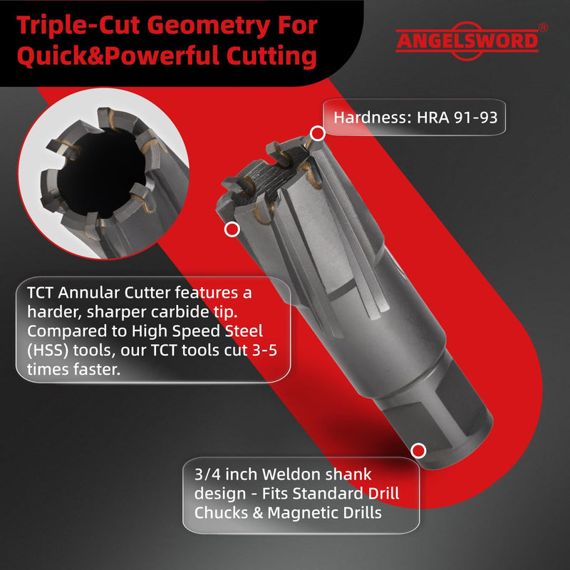 ANGELSWORD TCT Annular Cutter Diameter 1", Cutting Depth 2" Tungsten Carbide Tipped, Mag Drill Bits Kit for Magnetic Drill Press, with One 5/16"*4" Pilot Pin J. 26mm(1"+0.02") TCT 2" Cut Depth