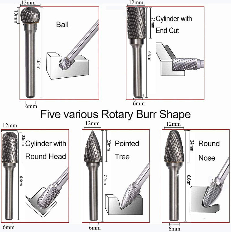 [Australia - AusPower] - 5 Piece Carbide Burr Set, 6 mm Shank, 10 mm Burr, Rasp Set for Drill Polishing, Engraving, Drilling Tools et 