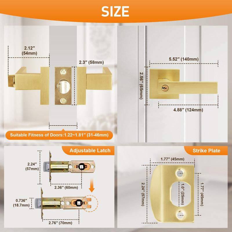 JO.KO Golden Door Handles with Lock and Keys,Brushed Golden Door Knobs | Satin Brass Door Handle Set,Interior / Exterior Door Lever for Bedroom Bathroom,Front Doors 1 Pack Polished Brass