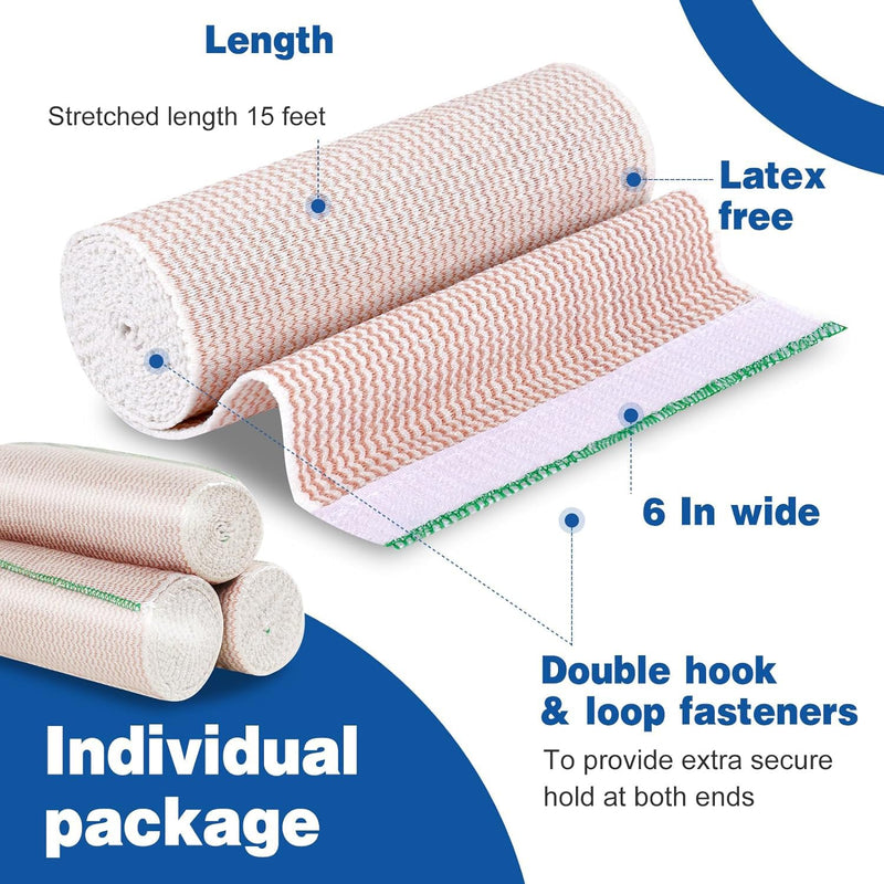 AZEN Premium 5 Pack Elastic Bandage Wrap 6 Inch, Compression Wrap Bandage for Legs, Ankle, Knee, Tummy, Body, Latex-Free, Lymphedema Wraps for Legs A-5p