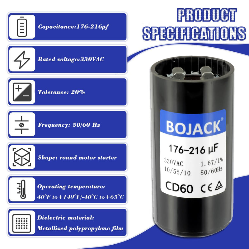 BOJACK CPT00320 176-216 UF/MFD 330 VAC Capacitor CD60 Dual Run Circular Start Capacitor fit for Standard Units, Heat Pump and HVAC Systems