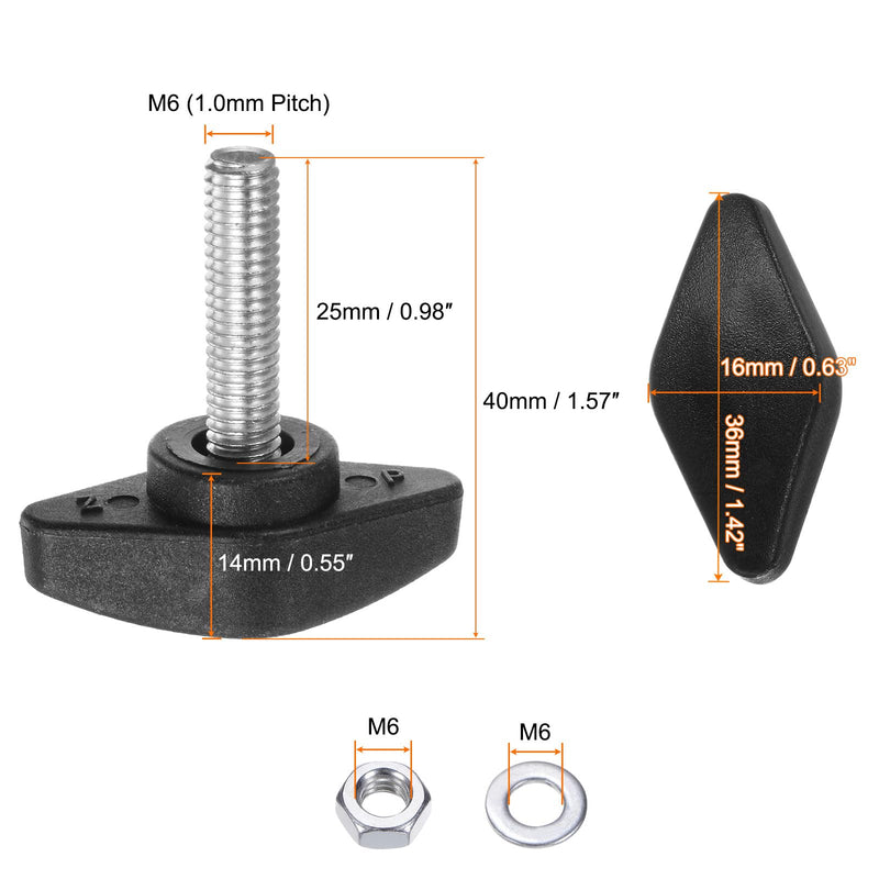 [Australia - AusPower] - HARFINGTON 8pcs Tee Wing Knobs M6 x 25mm Metric Thread 36mm T Head Plastic Handles Thumb Screws Hand Clamping Threaded Stud Knob Grip Thumbscrew with Nuts Washers, Black 