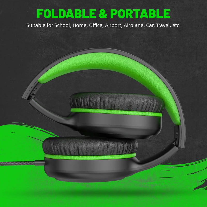 [Australia - AusPower] - Green Wired Headphones for Boys Portable On Ear Youth Headphones for School Airplane Travel Lightweight Portable Compatible with Pad Computer Laptop for Adults Student Children Girls Kids Black/Green 