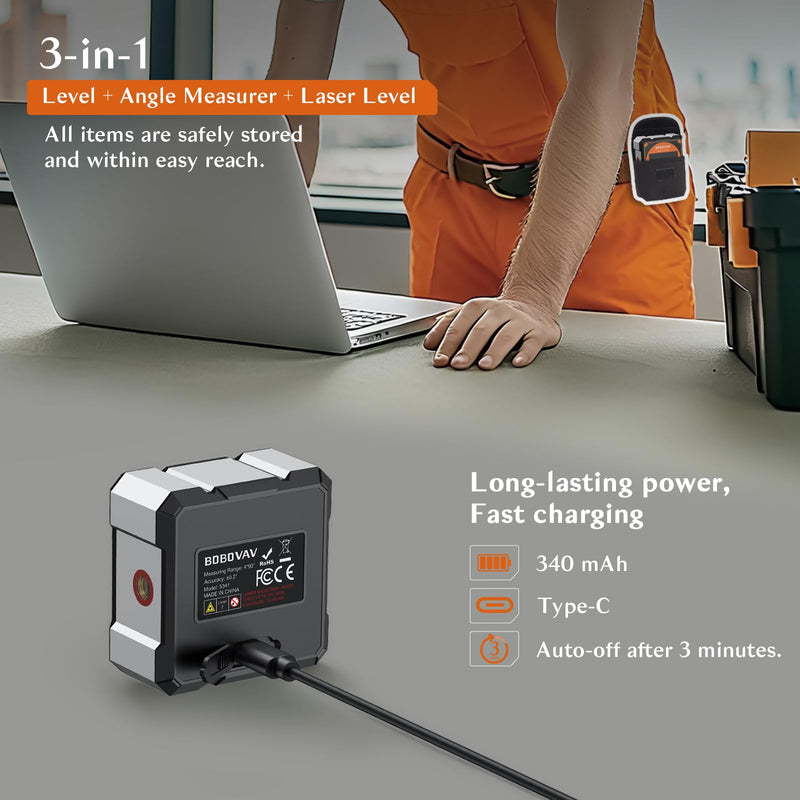 4-side Magnetic Digital Angle Gauge with Laser(Class 2, ＜1mW Output), 4 * 90° Rechargeable Electronic Inclinometer Protractor Level Gauge for Woodworking Tablesaw Orange