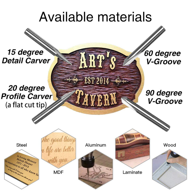 Engraving CNC Wood Carving Router Bit 1/4 Shank 15°/20°/60°/90° Engraving Bits, 2 Flutes Straight CNC V-bit Tungsten Steel Marking Conical Engraving Router Tool 4PCS Router Bit