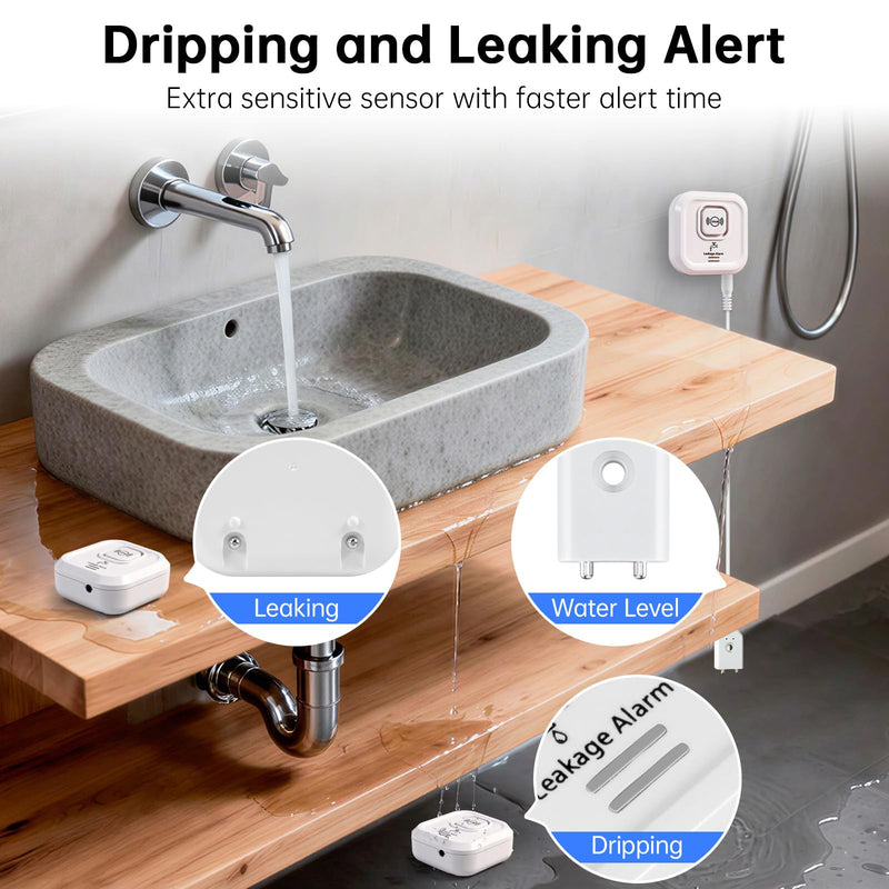 100dB Water Sensor Alarm Water Leak Detector, with Detection Lines, Wireless Tank Level Monitor for Basement,Kitchen,Bathroom (5packs)