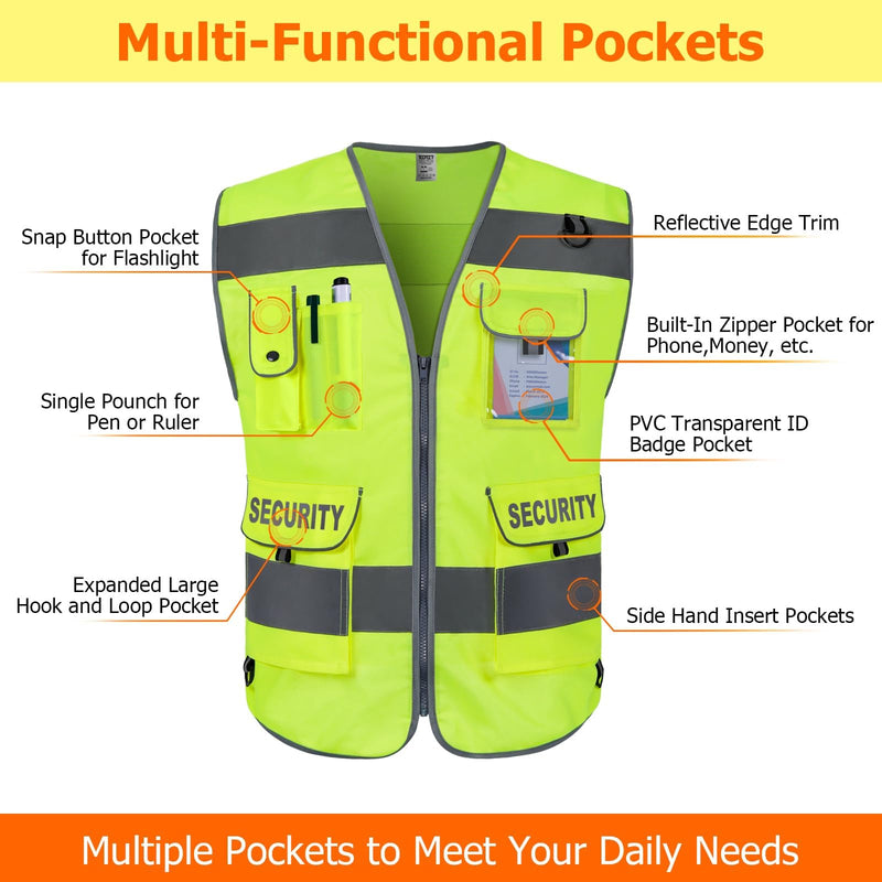 TCCFCCT Security Vest for Security Guard 9 Pockets High Visibility Reflective Safety Vest for Men Women, Durable Hi Vis Vest with Reinforced Sewing, Meets ANSI/ISEA, (G100S-Yellow, L) Fabric Yellow-bison 08 Large