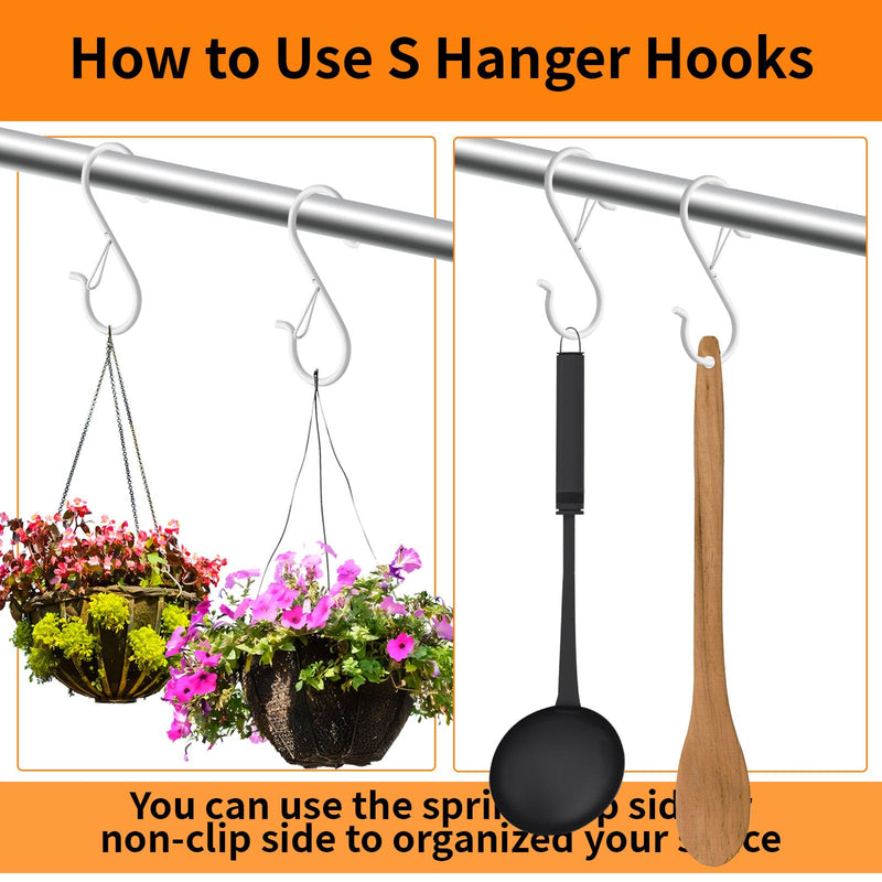 [Australia - AusPower] - 24 PCS S Hooks for Hanging with Safety Buckle, 3.5 inch Heavy Duty Metal S Shaped Hooks Stainless Steel for Hanging Kitchen Utensil, Cups, Pots, Plants, Bags, Hats (White) 24 Pcs White 