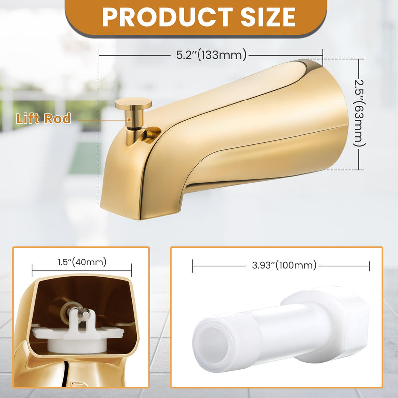 Dreyoo Tub Spout (Universal Fits 1/2" Copper Pipe, 1/2" IPS and 3/4" IPS), Bathroom Bathtub Faucet with Adapters and Hex Wrench(Polished Brass,Simple) Polished Brass Simple