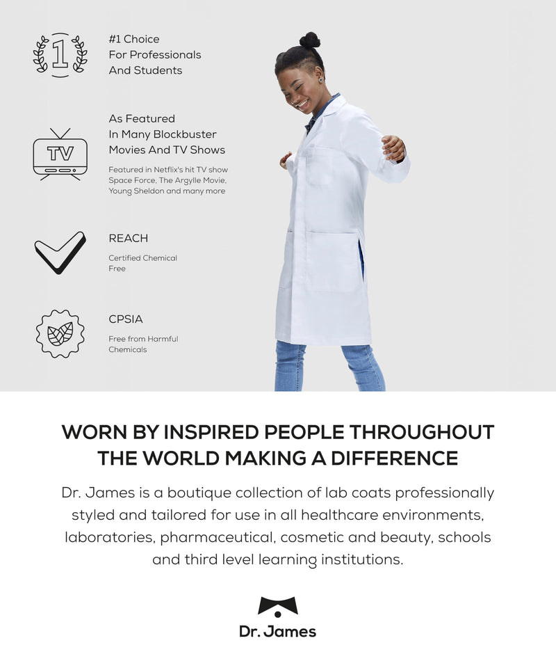 Dr. James Unisex Lab Coat – White Medical Coat, Classic Fit, 3 Pockets + Phone Slot, Safety Snaps, OEKO-TEX® Certified S (Men S / Women M)