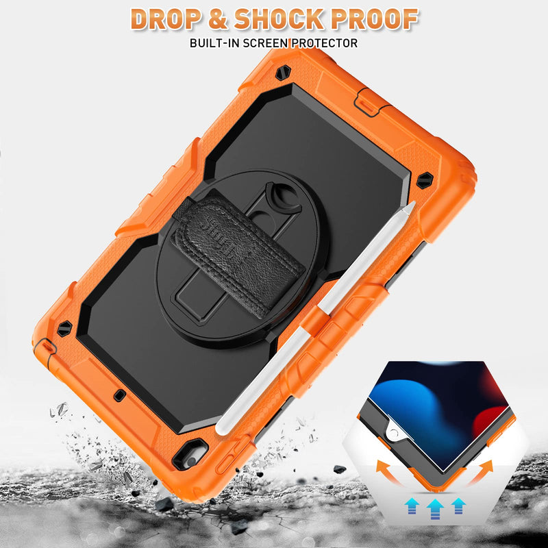 [Australia - AusPower] - Timecity Case for iPad 9th/ 8th/ 7th Generation 10.2 inch (Case for iPad 9/8/ 7 Gen): with Strong Protection, Screen Protector, Hand/Shoulder Strap, Rotating Stand, Pencil Holder - Orange Black+Orange 