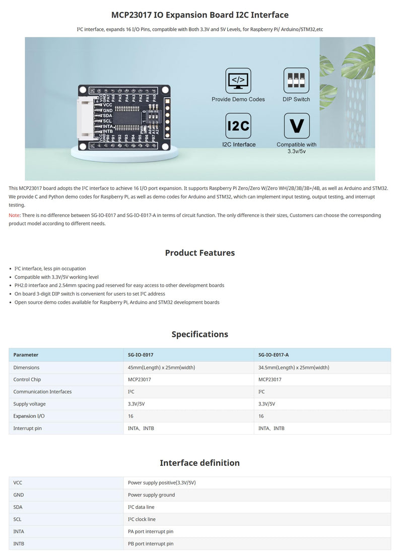 [Australia - AusPower] - XICOOLEE MCP23017 IO Expansion Board Module, 16 I/O Pins for Raspberry Pi for Arduino STM32, Onboard 3 Digit DIP Switch, I2C Interface, 3.3V/5V Level 