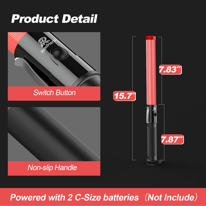 [Australia - AusPower] - 2 Pack Traffic Wand, 16 Inch Led Traffic Control Baton, Safety Light Wands with 2 Flashing Modes, Air Marshaling Signal Wand with Side Clip for Airport, Parking, Car Directing 2 Pack of 16 inch 