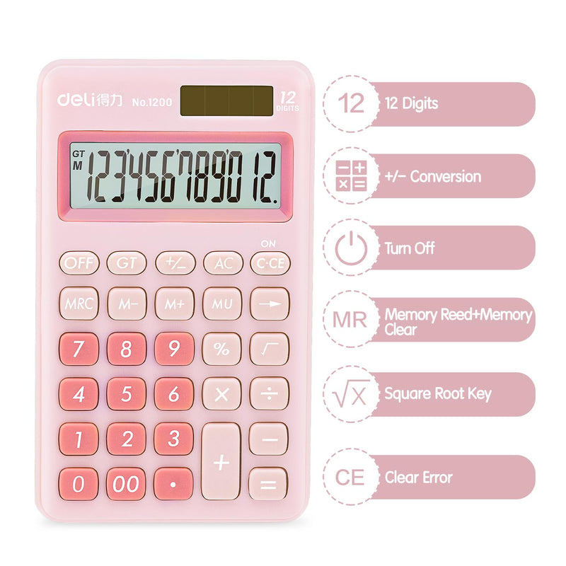 [Australia - AusPower] - deli Standard Function Basic Calculator, 12 Digit Desktop Calculator with Large LCD Display, Solar Battery Dual Power Office Calculator, Pink Small Pink 