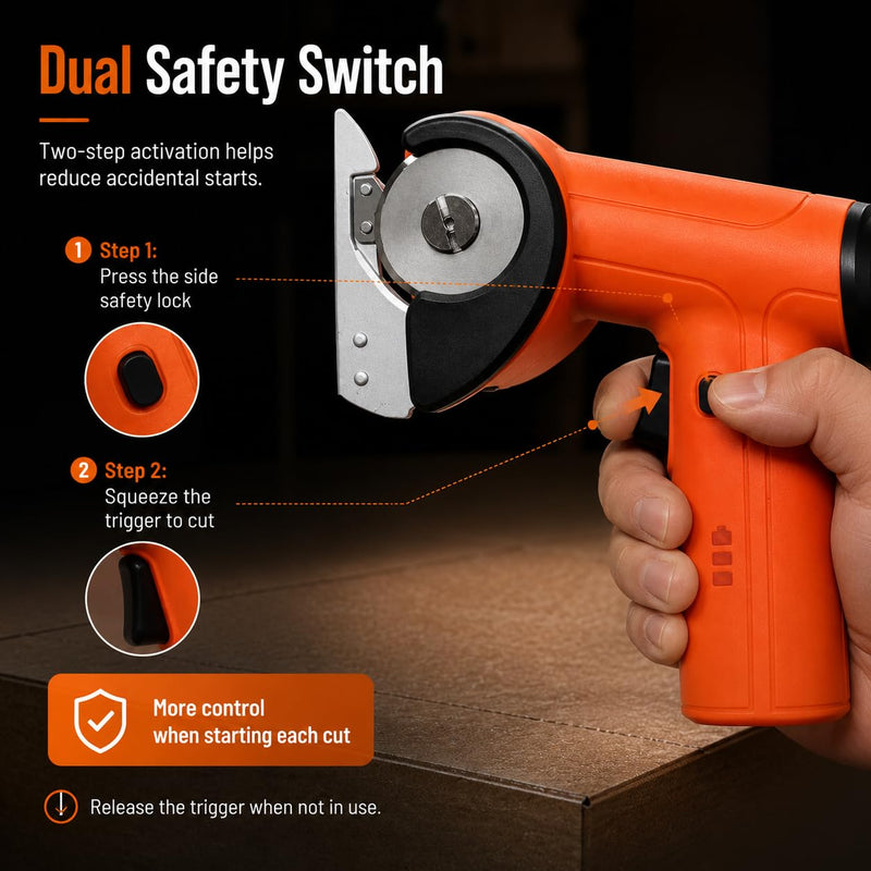 3/8" Heavy Duty Electric Cardboard Cutter for Thick Box Cutting, Unboxing & DIY, Safety Lock, Lightweight One-Handed Cordless Scissors for Weak Wrists, 2600mAh Battery, Replacement Blade, Orange