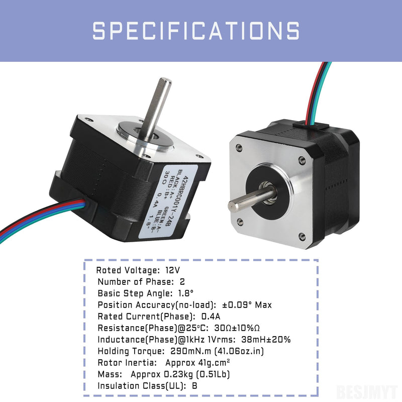 Nema 17 Stepper Motor 0.4 A-12V High Torque 290mNm(41.06oz.in?33mm 1.8 Deg Bipolar 2 Phase 4 Leadfor 3D Printer/DIY CNC/Digital Camera, 1.66x1.66x1.3inch