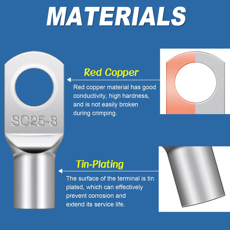 Tube Cable Lug M6 Cable Lugs 16 mm² Red Copper Pack of 10 | Uninsulated SC cable connector tinned copper, ideal for battery cables, car systems and electrical distribution boxes SC16-6