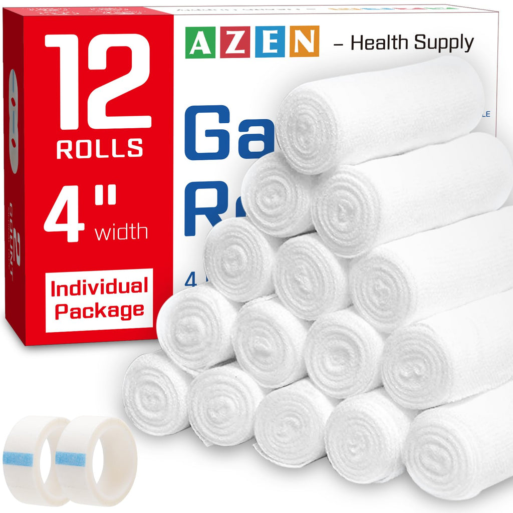 AZEN 12 Pack Gauze Rolls Bandages, 4 in x 4.1 Yards, Premium Medical Supplies & First Aid Supplies, Bandage Wrap Vet Wrap, Mummy Wraps 4IN A-12P