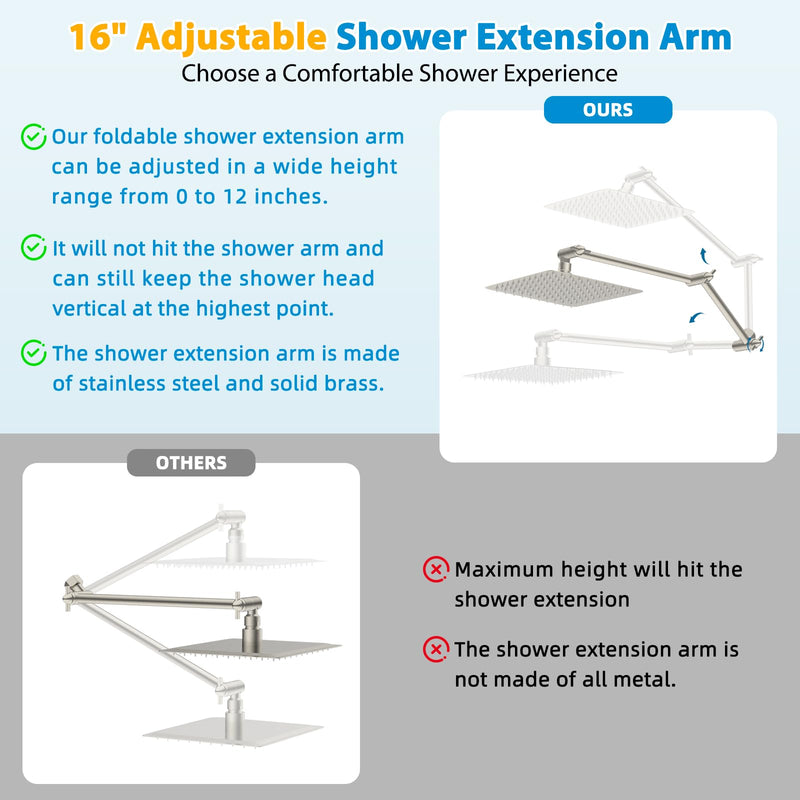 iFealClear All Metal 16" Shower Head Extension Arm, Solid Brass Shower Head Extender Adjustable Height Angle, G1/2 Universal Connection Stainless Steel Rain Showerhead Pipe, Lock Joint, Brushed Nickel 16 Inch