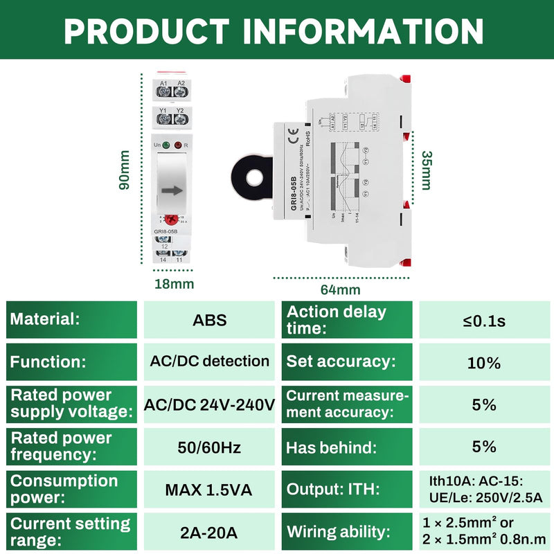 [Australia - AusPower] - DEWIN Surveillance Relay, GRI8-05B AC/DC Over and Under Current Relay 2A-20A Adjustable Overload Protection AC/DC 24V-240V 