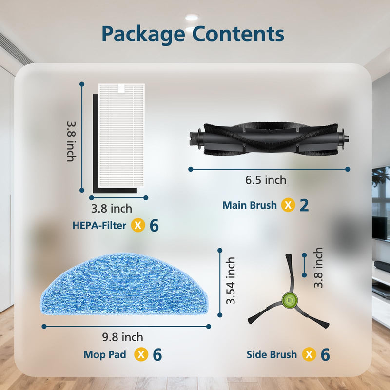 G8000 Max Replacement Parts, for Tikom G8000 Max, L8000 Plus, 2025 Year L8000 Pro Robot Vacuum, Accessories Include 2 Main Brushes, 6 Side Brushes, 6 HEPA Filters, 6 Mop Pads