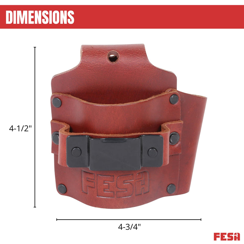 FESA Leather Tape Measure Holder - Measuring Tape or Drill Holder for Tool Belt with Steel Clip, Pencil Pocket & Heavy Duty Rivets - 2 Ways to Attach - Fits Any Belt - Handcrafted Cherry - With Hammer Pocket
