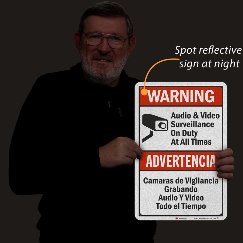 SmartSign 18 x 12 inch “Warning - Audio & Video Surveillance On Duty At All Times” Bilingual Sign, 63 mil Aluminum, 3M Laminated Engineer Grade Reflective Material, Red, Black and White, USA-Made EG Reflective 12" x 18"
