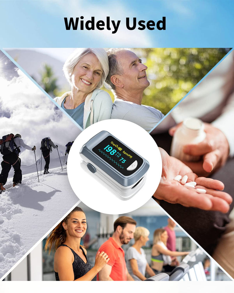 [Australia - AusPower] - Fingertip Pulse Oximeter Blood Oxygen Saturation Monitor Pulse Ox, Heart Rate and Fast Spo2 Reading Oxygen Meter with OLED Screen Included Lanyard and 2 X AAA Batteries Gray 