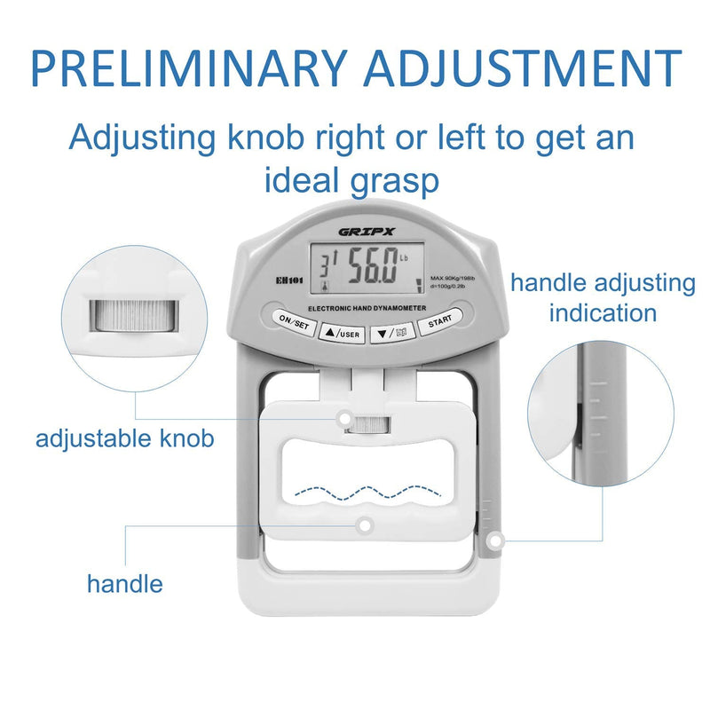 Digital Hand Dynamometer Grip Strength Measurement Meter Auto Capturing Electronic Hand Grip Power 198Lbs / 90Kgs Grey